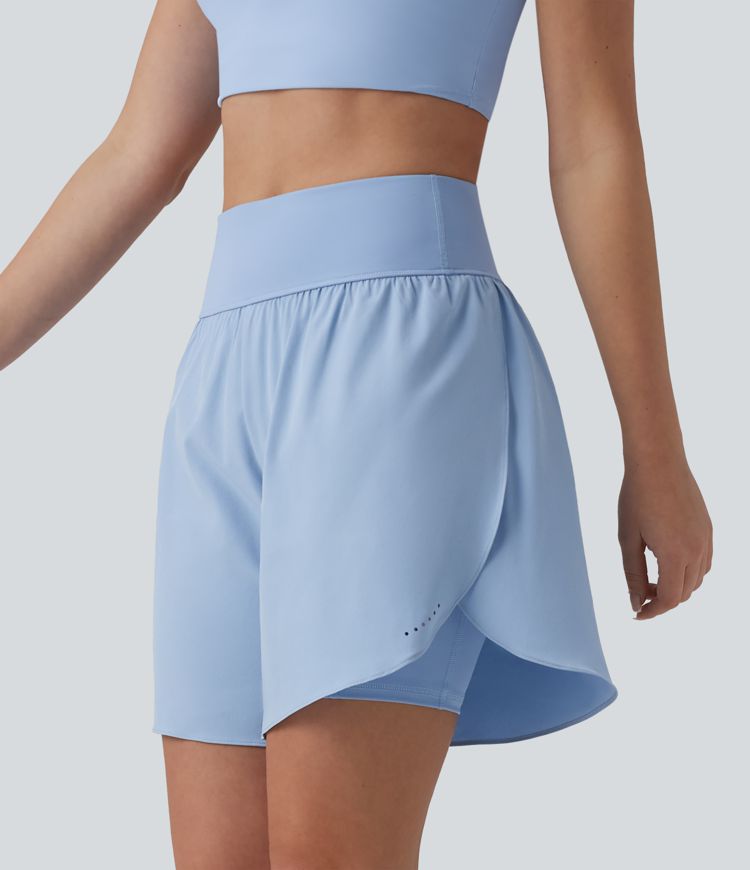 SoftlyZero™ QuickDry High Waisted Tummy Control Reflective Dots Crossover Hem 2-in-1 Running Shorts 7'' with Pockets