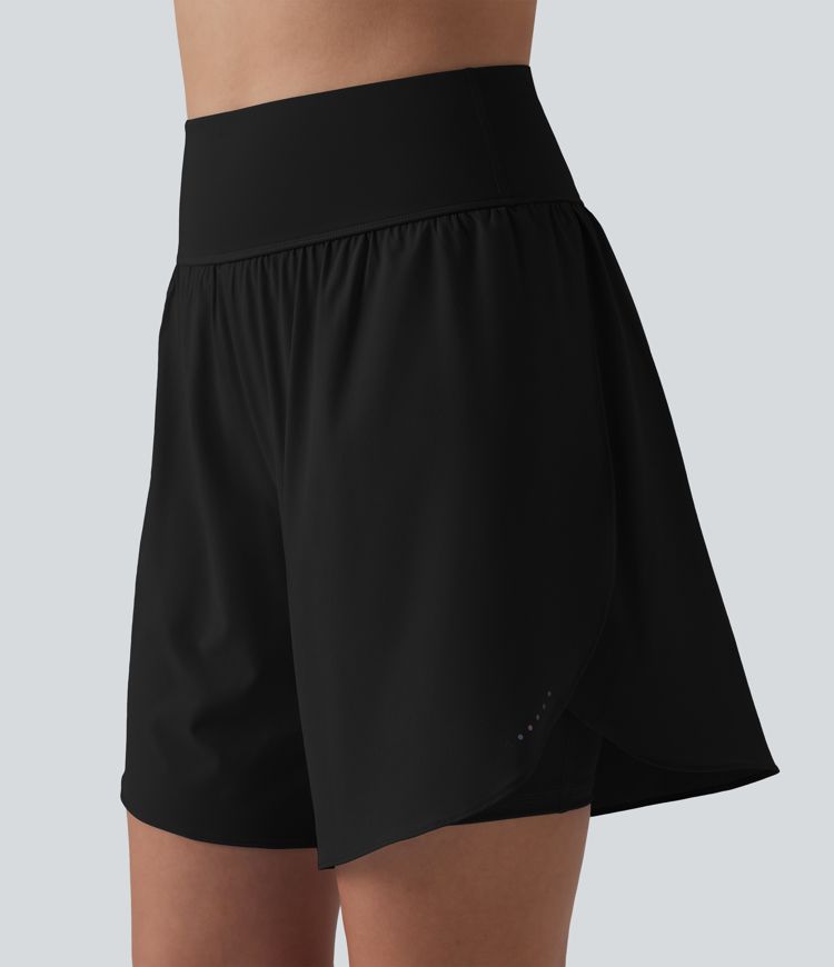 SoftlyZero™ QuickDry High Waisted Tummy Control Reflective Dots Crossover Hem 2-in-1 Running Shorts 7'' with Pockets