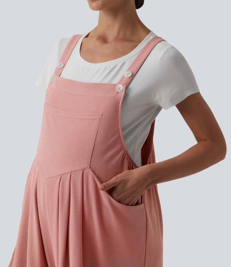 Adjustable Straps Waffle Casual Maternity Dungarees with Pockets