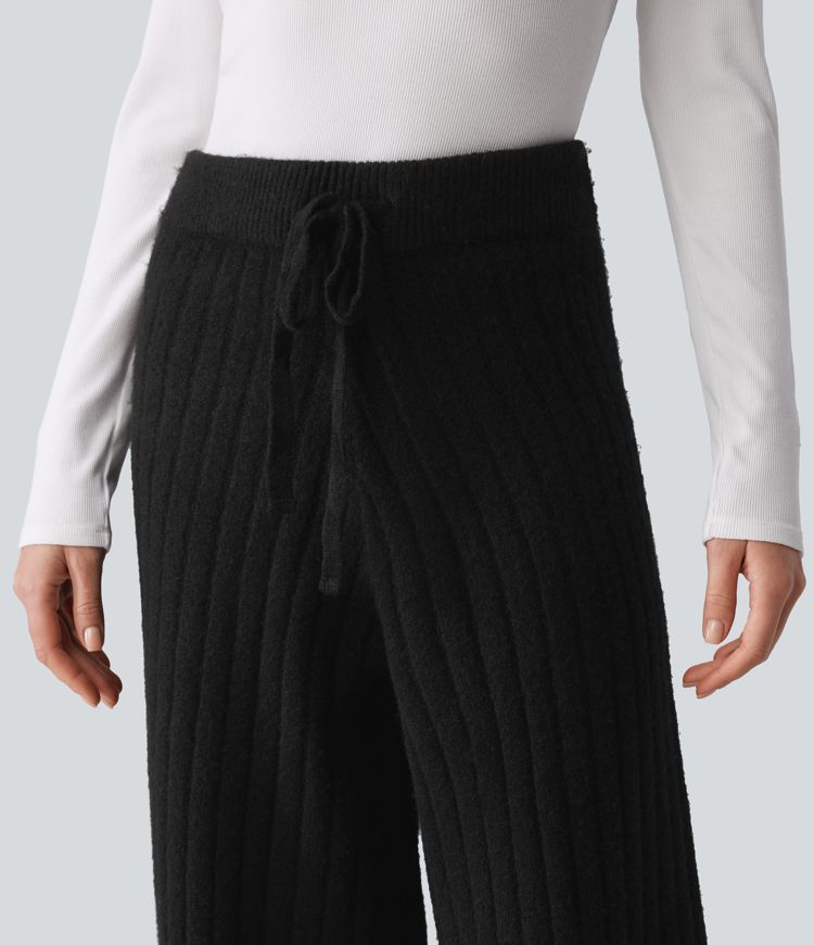 Pantalones anchos tipo suéter de tiro medio con cordón para estar en casa