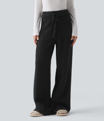 Pantalones anchos tipo suéter de tiro medio con cordón para estar en casa