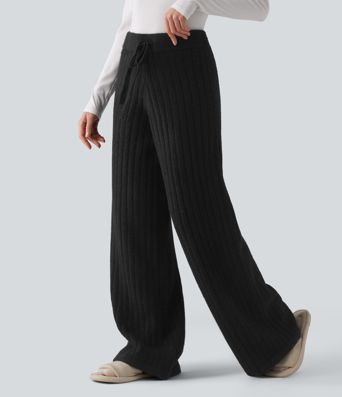 Pantalones anchos tipo suéter de tiro medio con cordón para estar en casa