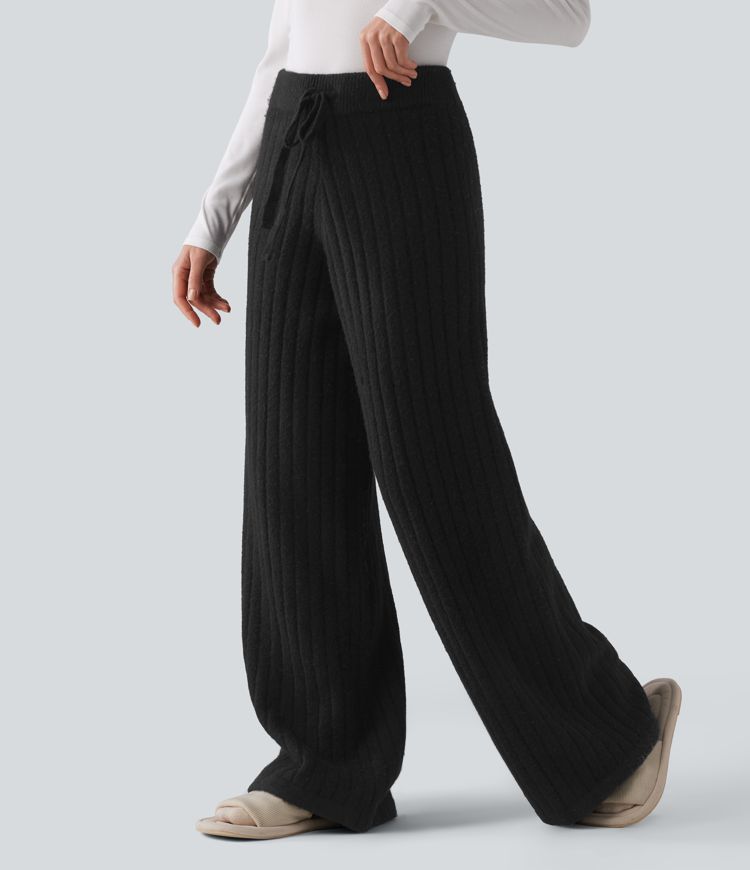 Pantalones anchos tipo suéter de tiro medio con cordón para estar en casa