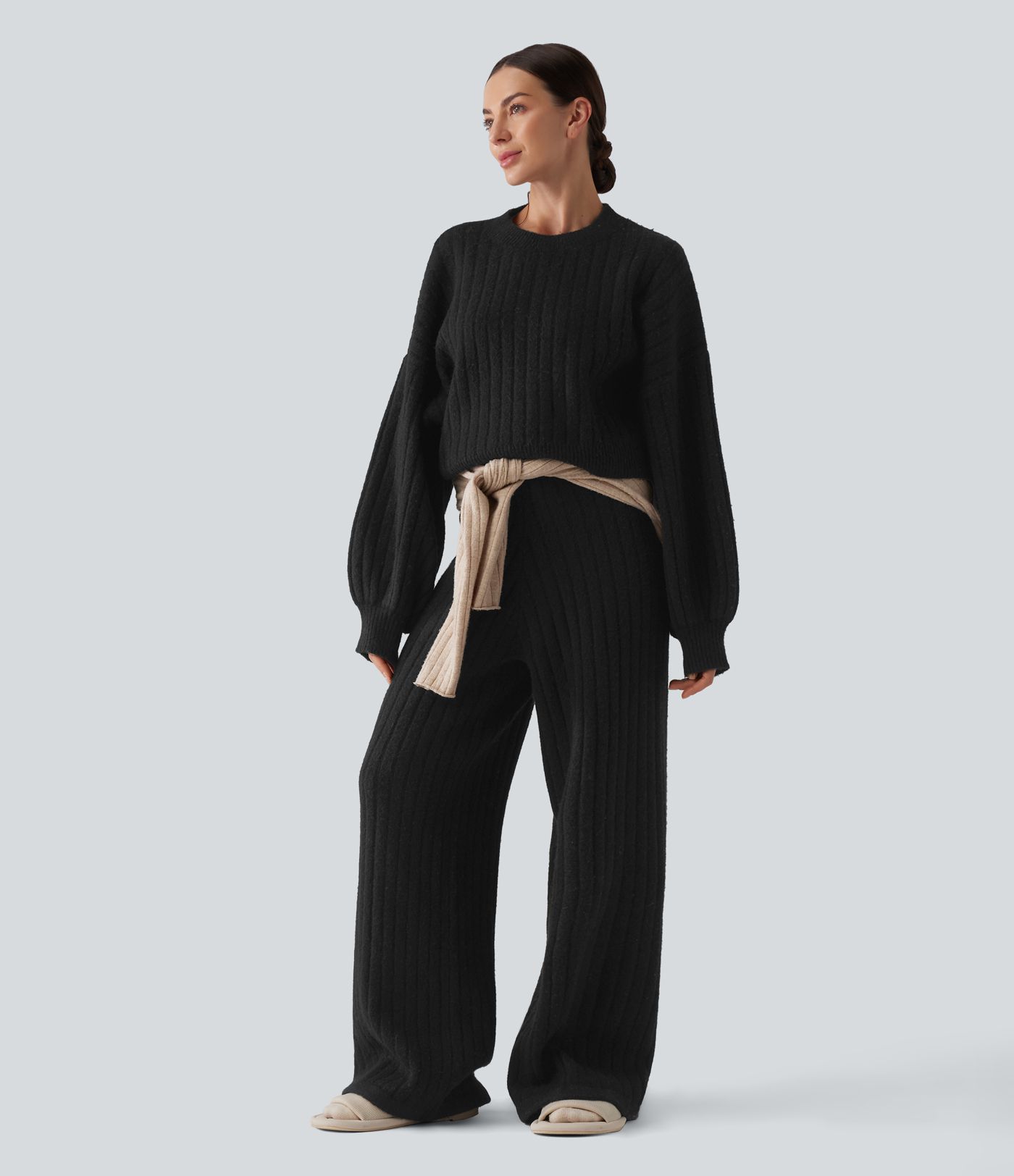 Pantalones anchos tipo suéter de tiro medio con cordón para estar en casa