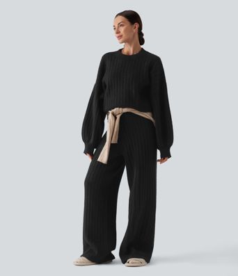 Pantalones anchos tipo suéter de tiro medio con cordón para estar en casa