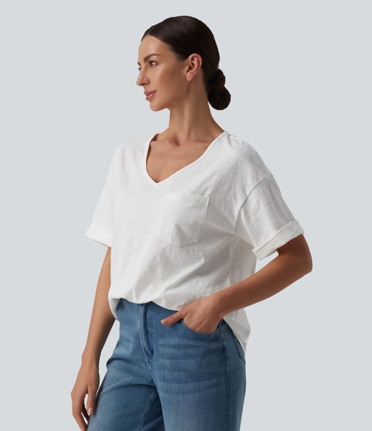 T-shirt casual ample col cœur manches courtes retroussées en coton slub avec poche