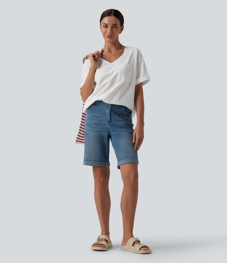 T-shirt casual ample col cœur manches courtes retroussées en coton slub avec poche