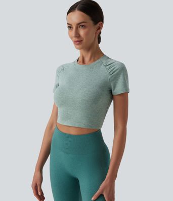 Round Neck Short Sleeve Cut Out Cropped Workout Sports Top