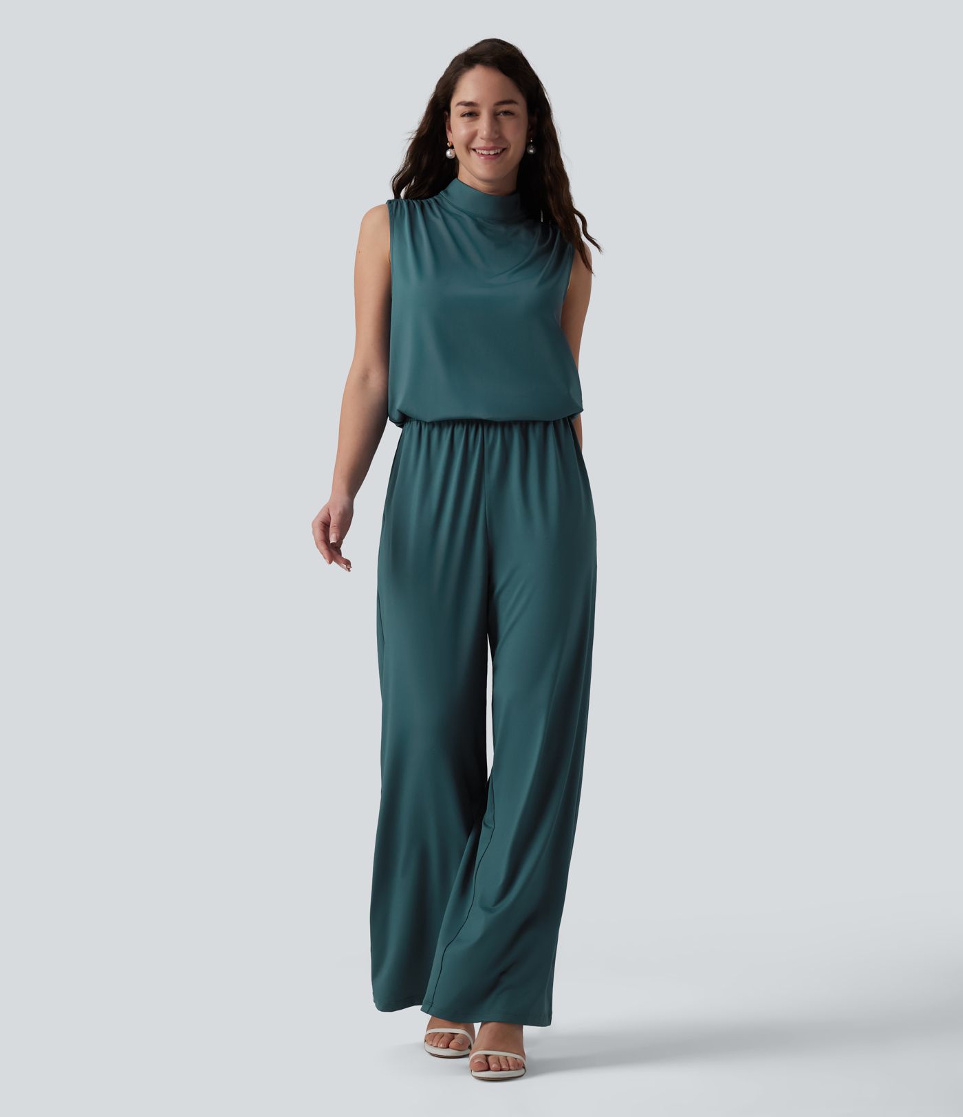 Ärmelloser Jumpsuit mit Stehkragen, Seitentaschen und geradem Bein für Brautjungfern und Hochzeitsgäste - Easy Peezy