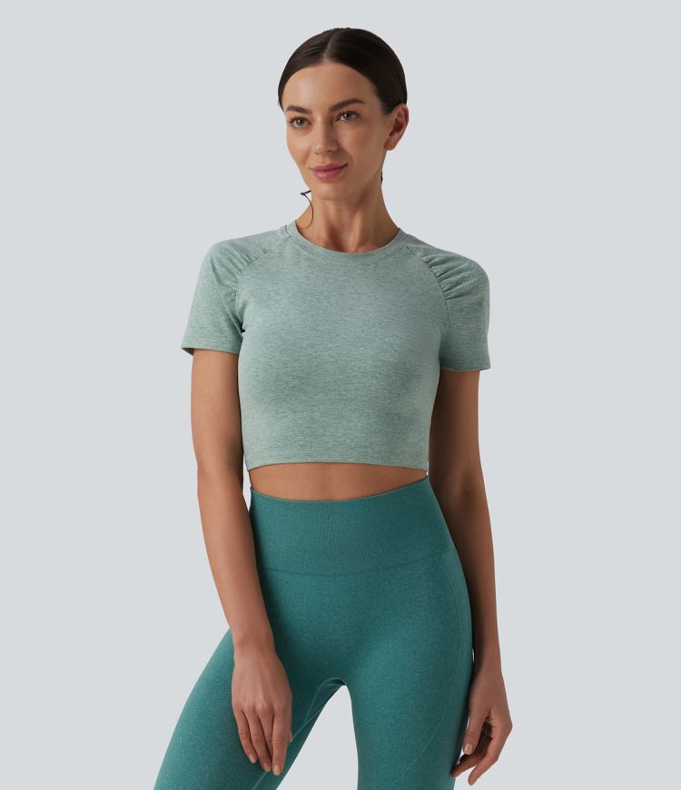 Round Neck Short Sleeve Cut Out Cropped Workout Sports Top