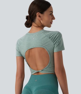 Round Neck Short Sleeve Cut Out Cropped Workout Sports Top