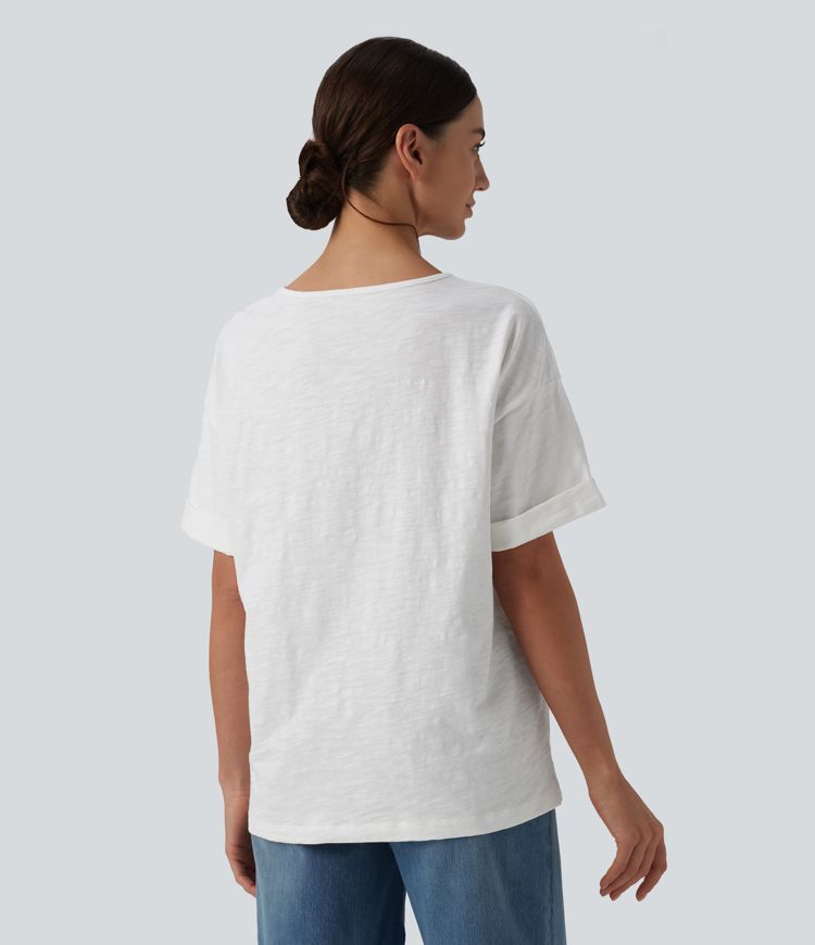 T-shirt casual ample col cœur manches courtes retroussées en coton slub avec poche