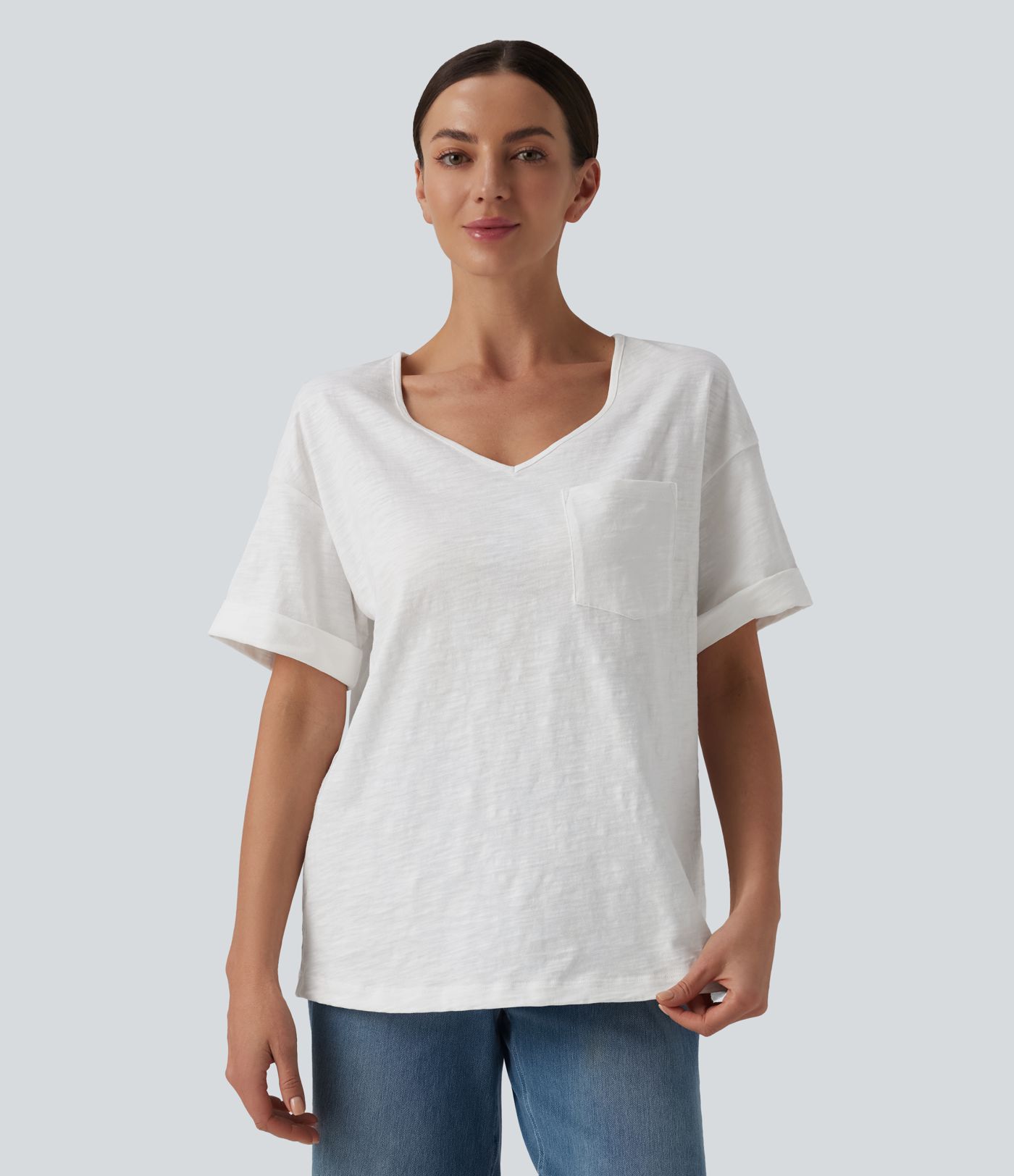T-shirt casual ample col cœur manches courtes retroussées en coton slub avec poche