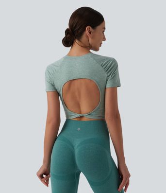 Round Neck Short Sleeve Cut Out Cropped Workout Sports Top