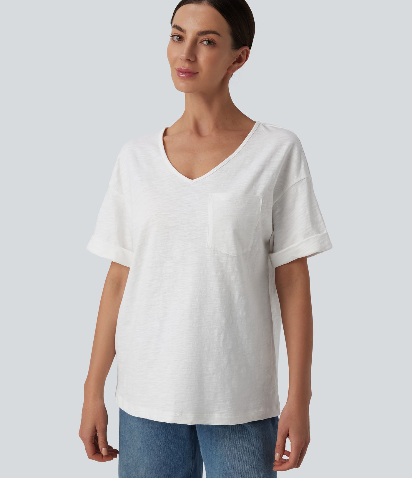 T-shirt casual ample col cœur manches courtes retroussées en coton slub avec poche