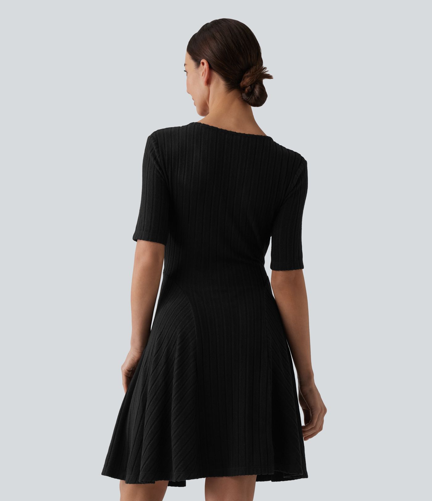 Ribbed Knit V Neck Short Sleeve Flare Mini Casual Dress with Pockets