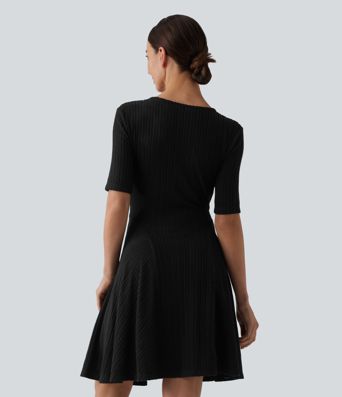 Ribbed Knit V Neck Short Sleeve Flare Mini Casual Dress with Pockets