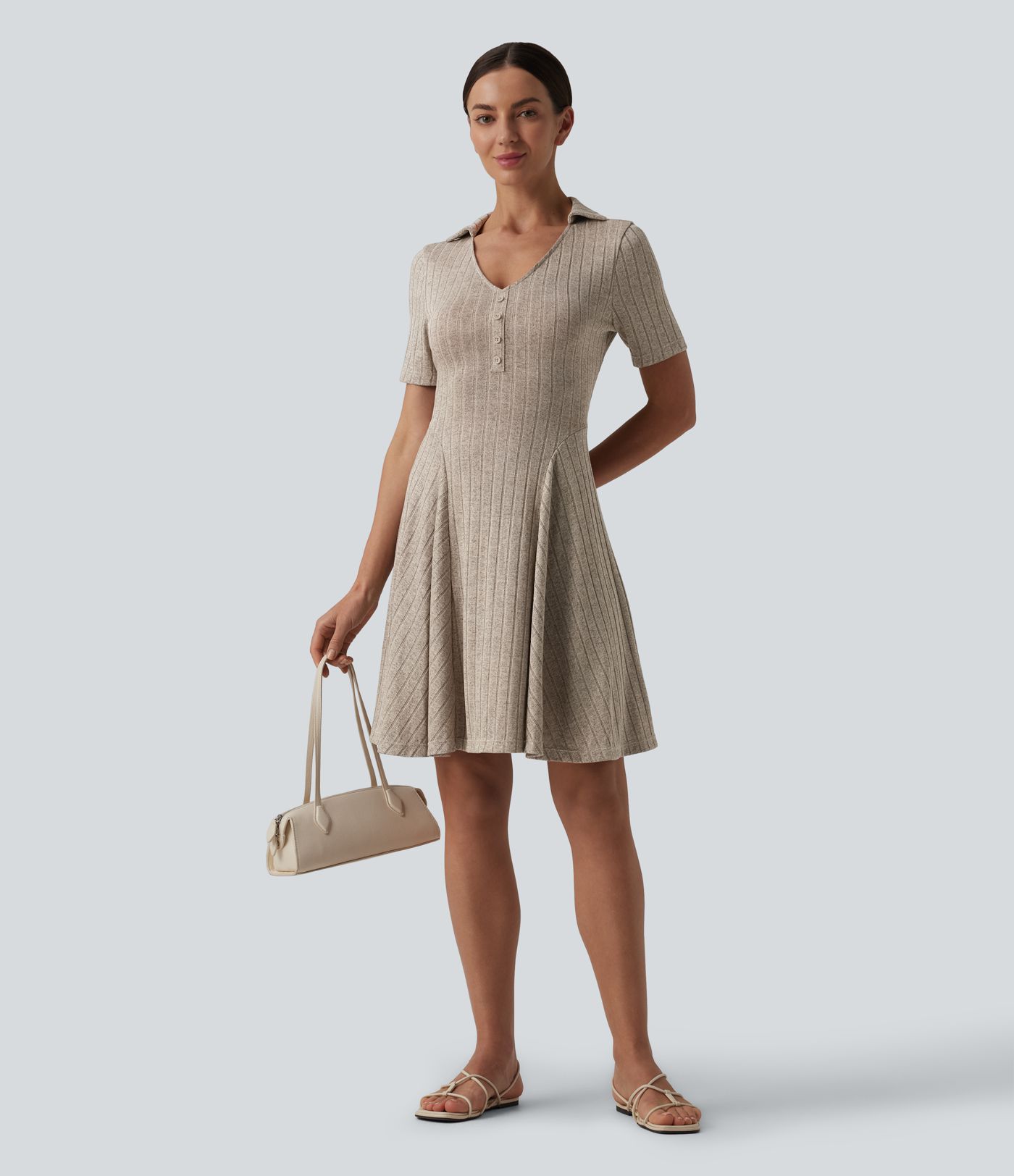 Ribbed Knit V-neck Short Sleeve Flare Mini Casual Dress