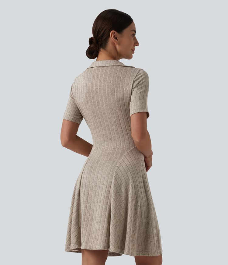 Ribbed Knit V-neck Short Sleeve Flare Mini Casual Dress