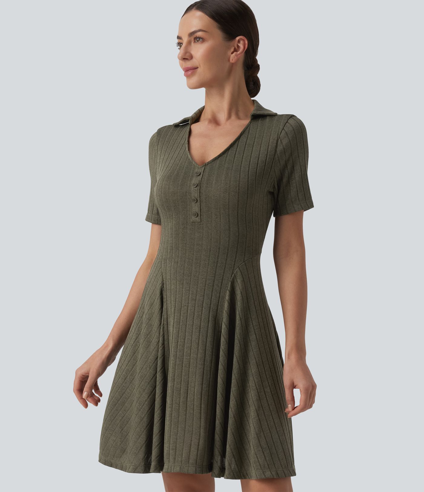 Ribbed Knit V-neck Short Sleeve Flare Mini Casual Dress