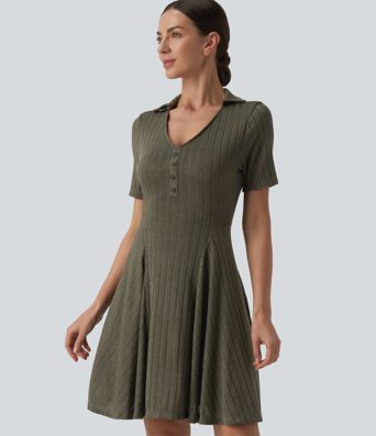 Ribbed Knit V-neck Short Sleeve Flare Mini Casual Dress