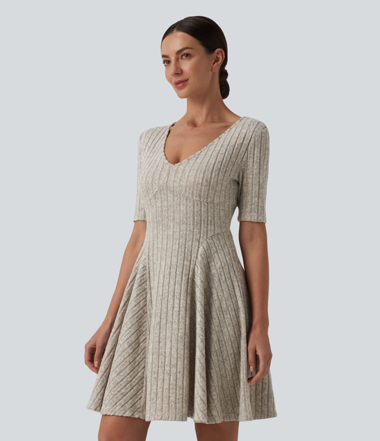 Ribbed Knit V Neck Short Sleeve Flare Mini Casual Dress