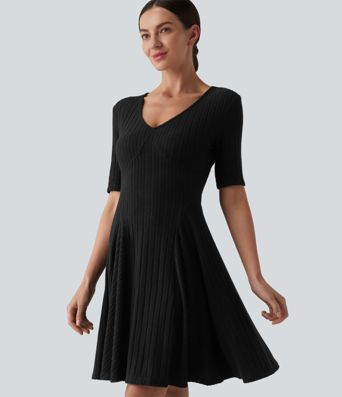 Ribbed Knit V Neck Short Sleeve Flare Mini Casual Dress with Pockets