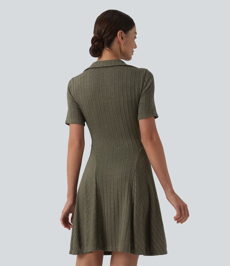 Ribbed Knit V-neck Short Sleeve Flare Mini Casual Dress