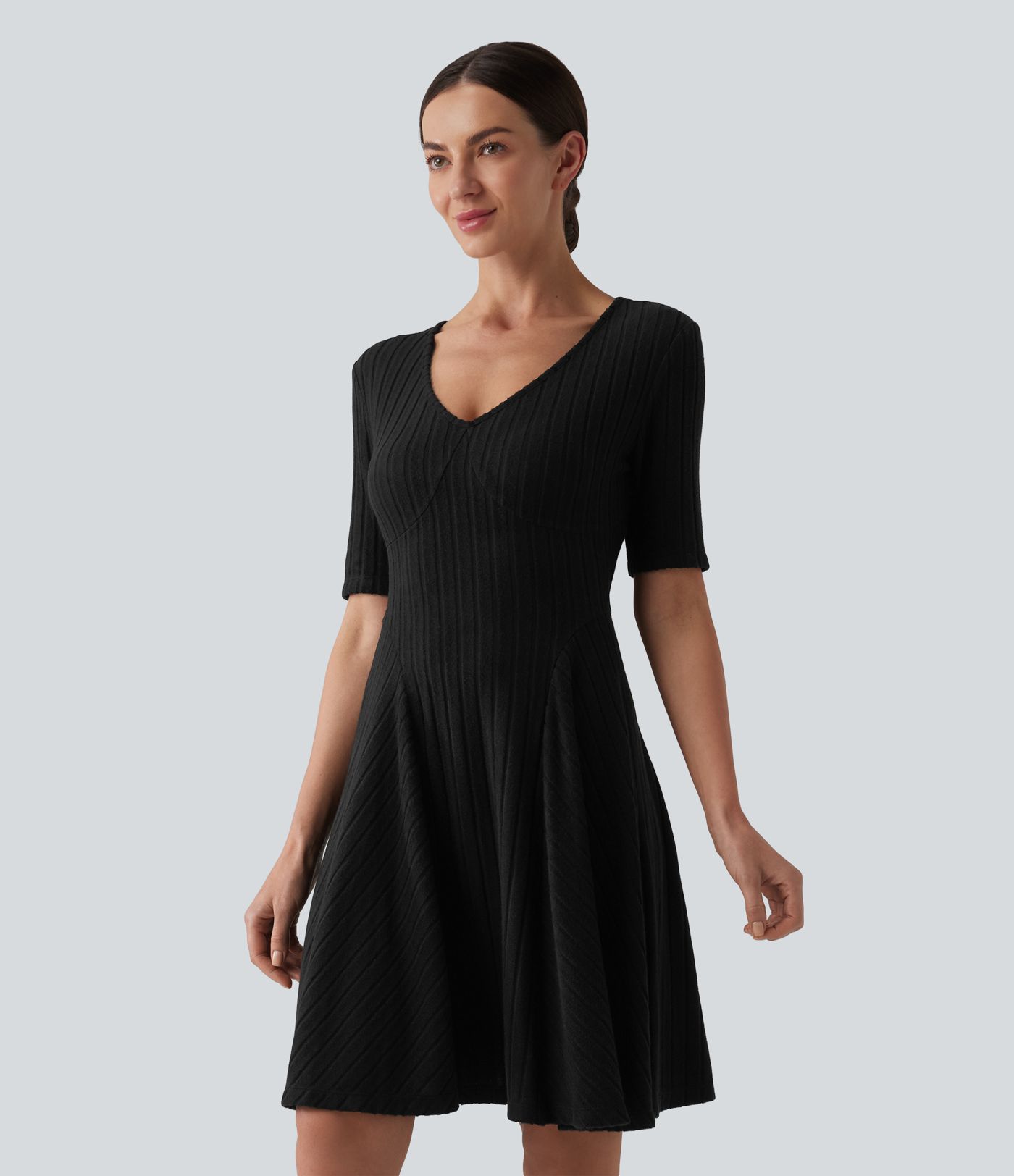 Ribbed Knit V Neck Short Sleeve Flare Mini Casual Dress with Pockets