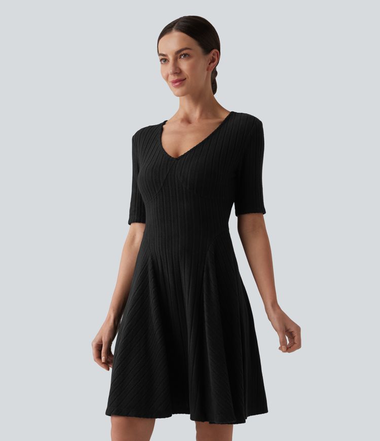 Ribbed Knit V Neck Short Sleeve Flare Mini Casual Dress with Pockets