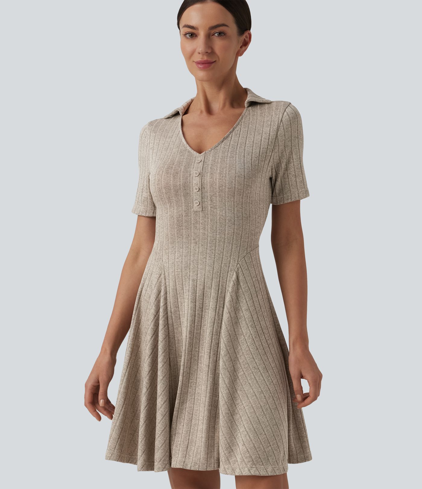 Ribbed Knit V-neck Short Sleeve Flare Mini Casual Dress