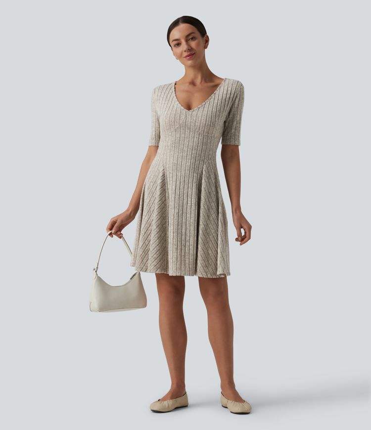 Ribbed Knit V Neck Short Sleeve Flare Mini Casual Dress