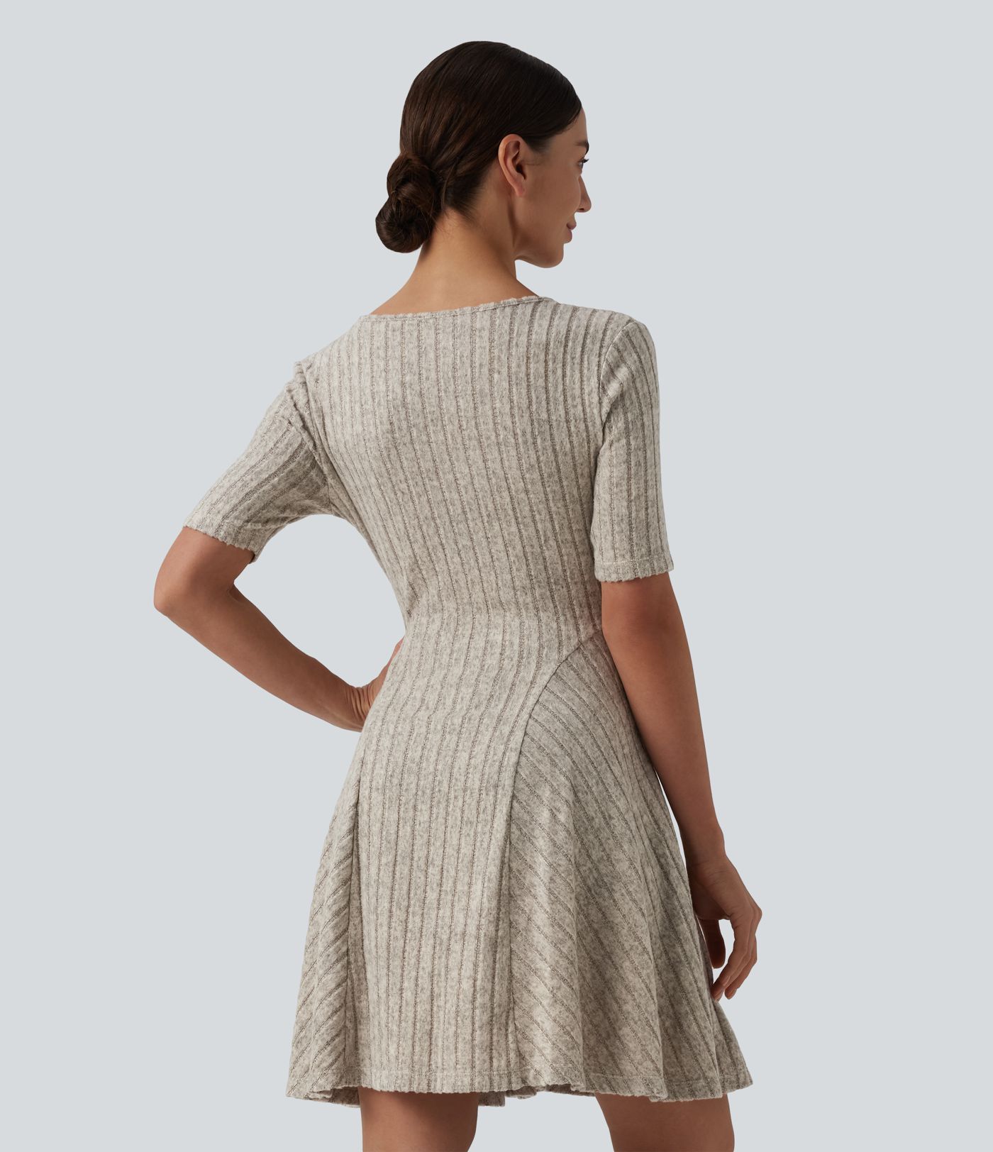 Ribbed Knit V Neck Short Sleeve Flare Mini Casual Dress