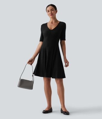 Ribbed Knit V Neck Short Sleeve Flare Mini Casual Dress with Pockets