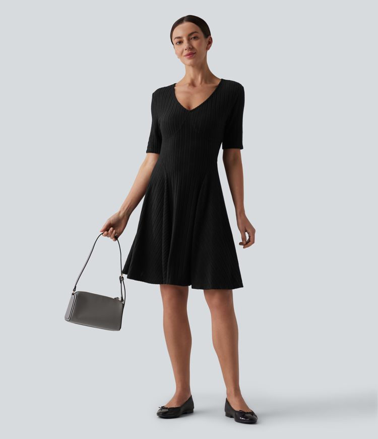 Ribbed Knit V Neck Short Sleeve Flare Mini Casual Dress with Pockets