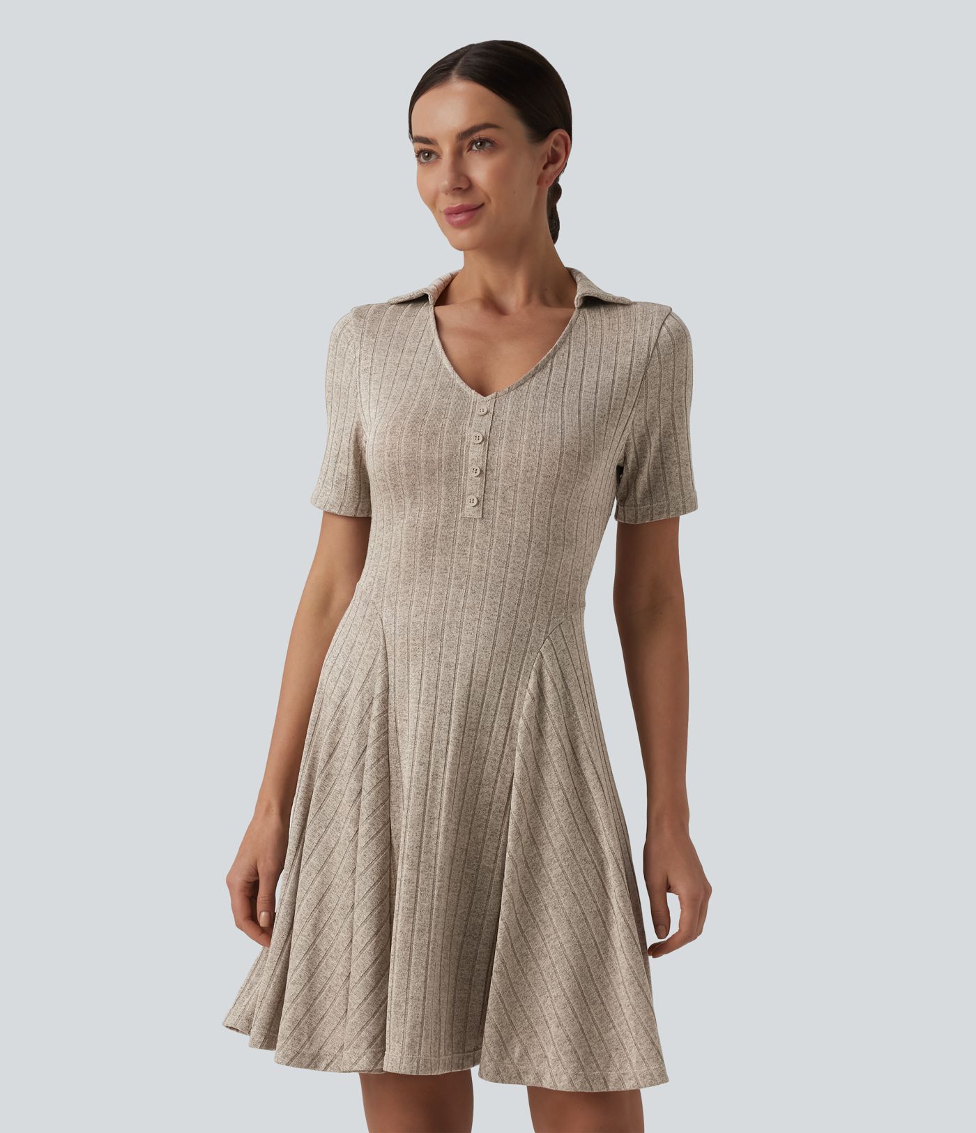 Ribbed Knit V-neck Short Sleeve Flare Mini Casual Dress