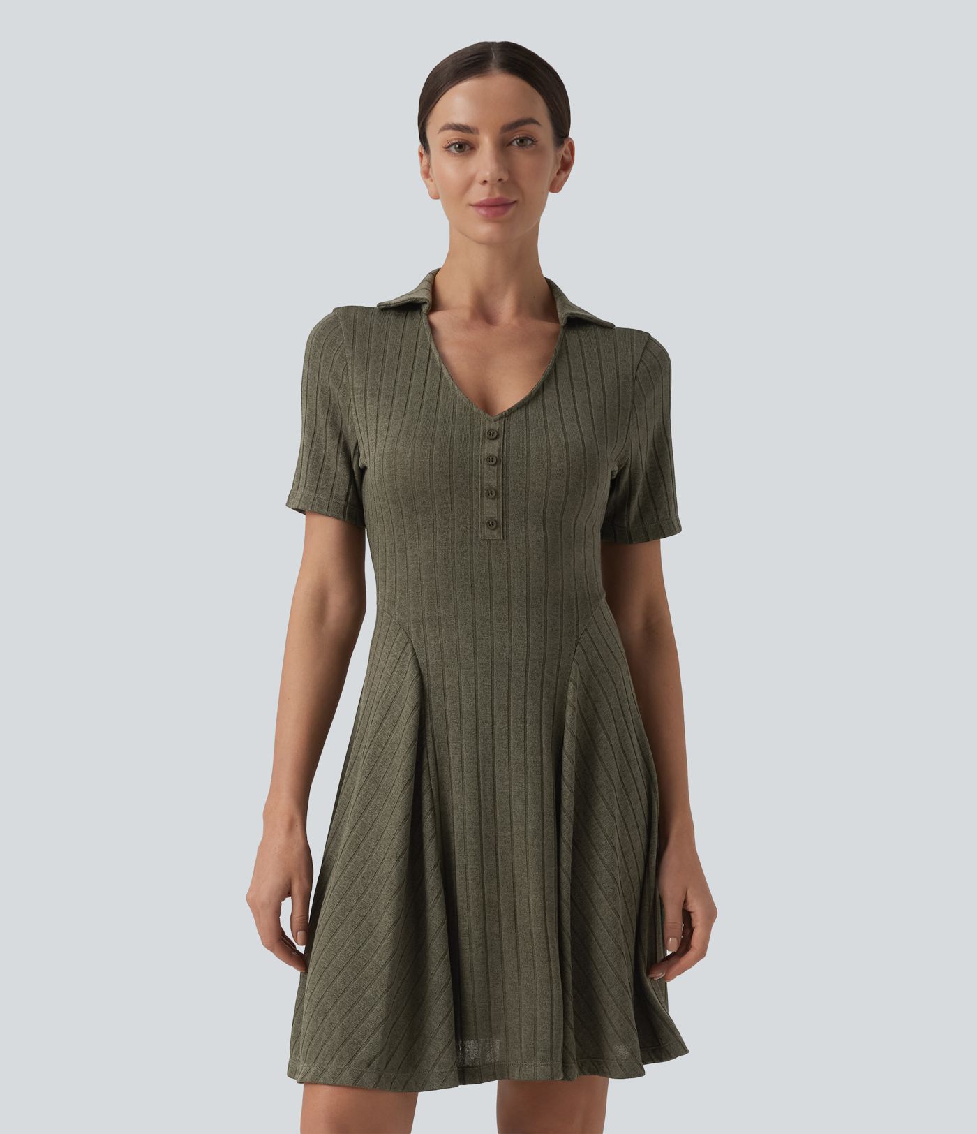 Ribbed Knit V-neck Short Sleeve Flare Mini Casual Dress
