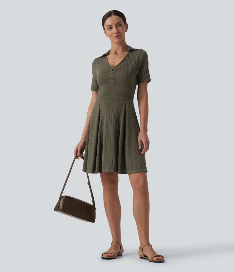 Ribbed Knit V-neck Short Sleeve Flare Mini Casual Dress