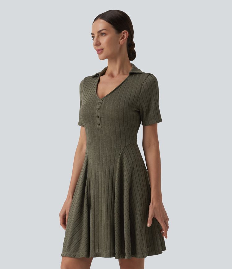 Ribbed Knit V-neck Short Sleeve Flare Mini Casual Dress