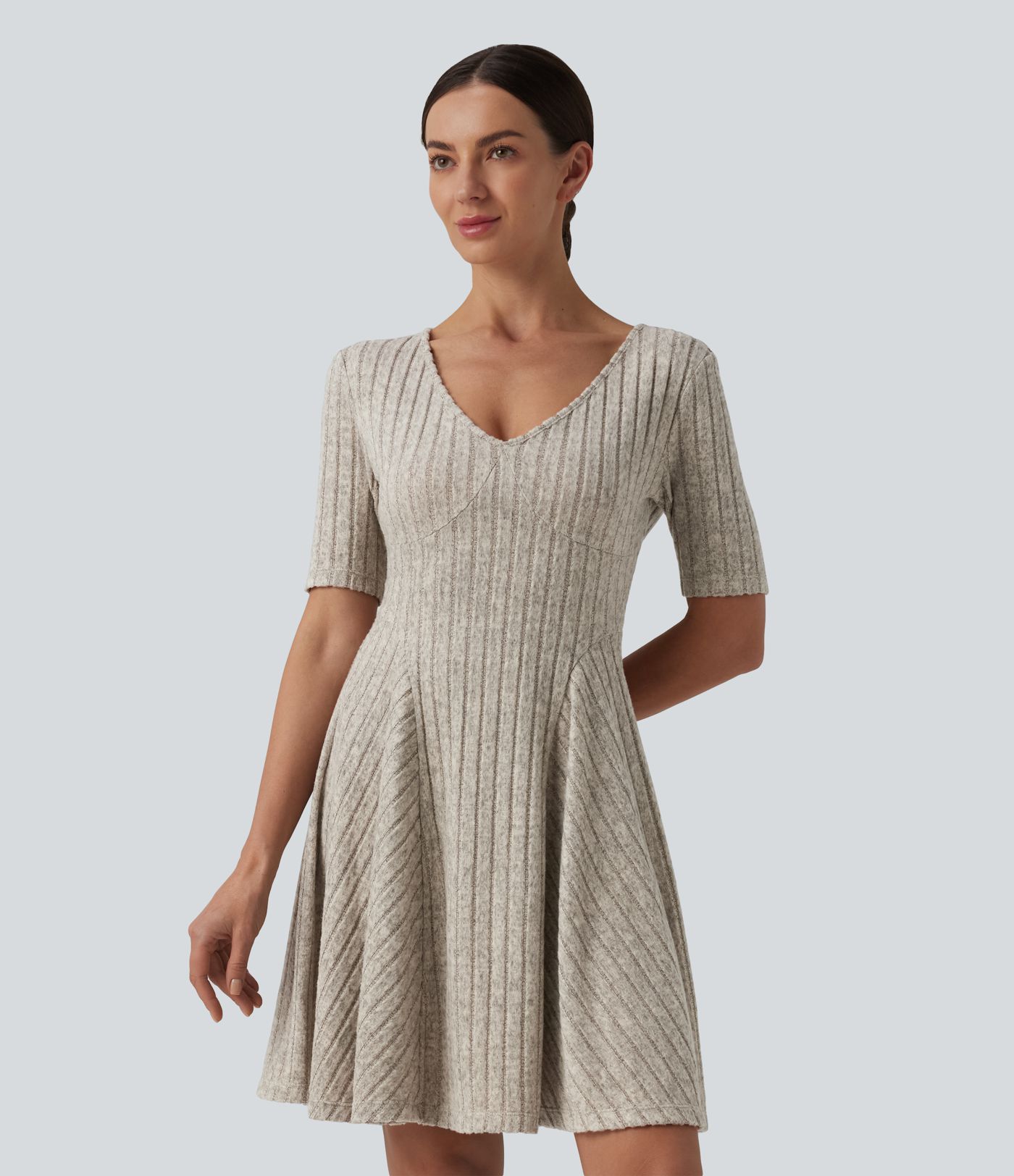 Ribbed Knit V Neck Short Sleeve Flare Mini Casual Dress