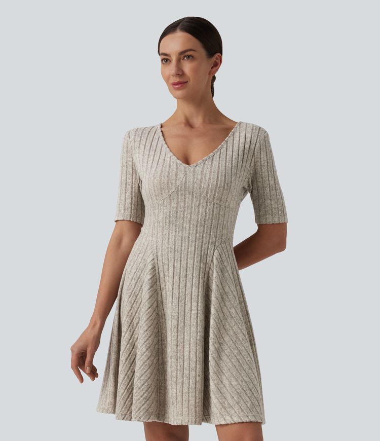 Ribbed Knit V Neck Short Sleeve Flare Mini Casual Dress