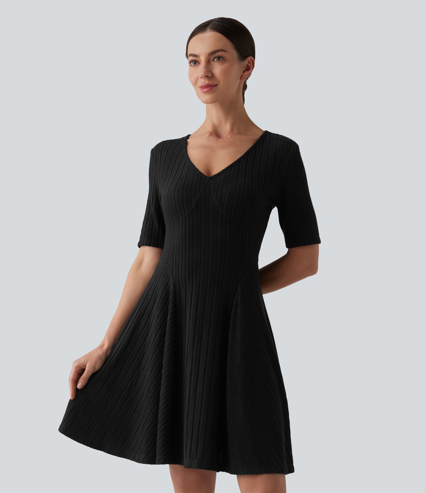 Ribbed Knit V Neck Short Sleeve Flare Mini Casual Dress with Pockets
