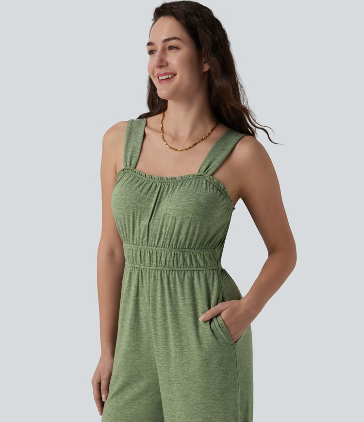 Ärmelloser 7/8-Urlaubs-Jumpsuit mit Seitentaschen und Rüschensaum - Easy Peezy