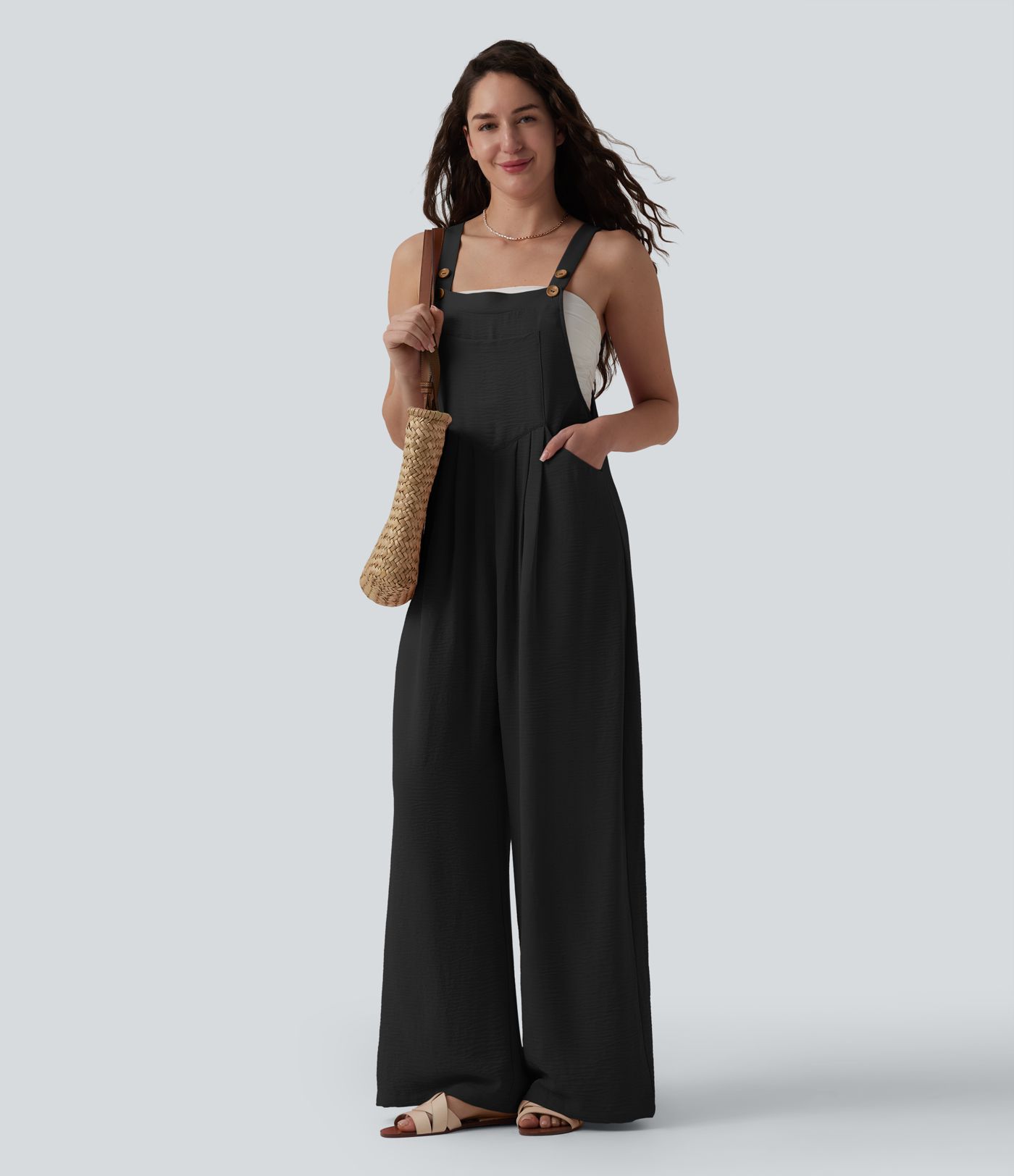 Adjustable Straps Pleated Linen-Feel Resort Overalls with Pockets