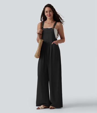 Adjustable Straps Pleated Linen-Feel Resort Overalls with Pockets