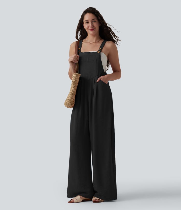 Adjustable Straps Pleated Linen-Feel Resort Overalls with Pockets