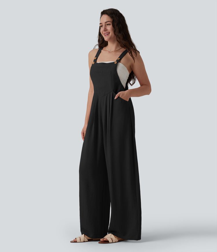 Adjustable Straps Pleated Linen-Feel Resort Overalls with Pockets