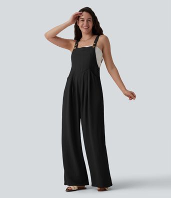 Adjustable Straps Pleated Linen-Feel Resort Overalls with Pockets