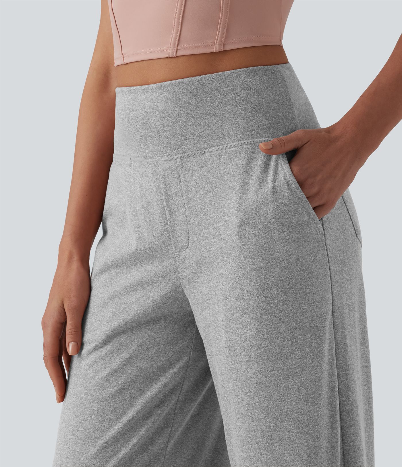 High Waisted Straight Leg Yoga Heathered Trousers with Pockets