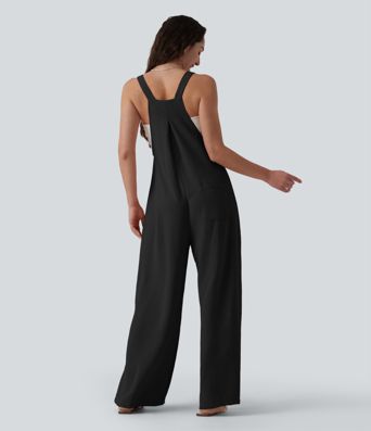 Adjustable Straps Pleated Linen-Feel Resort Overalls with Pockets